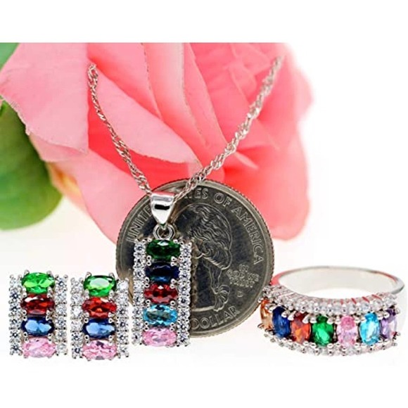 Rainbow Gems Platinum Plated Necklace Earring Ring Rhinestone Bracelet Ring Set - Picture 7 of 8